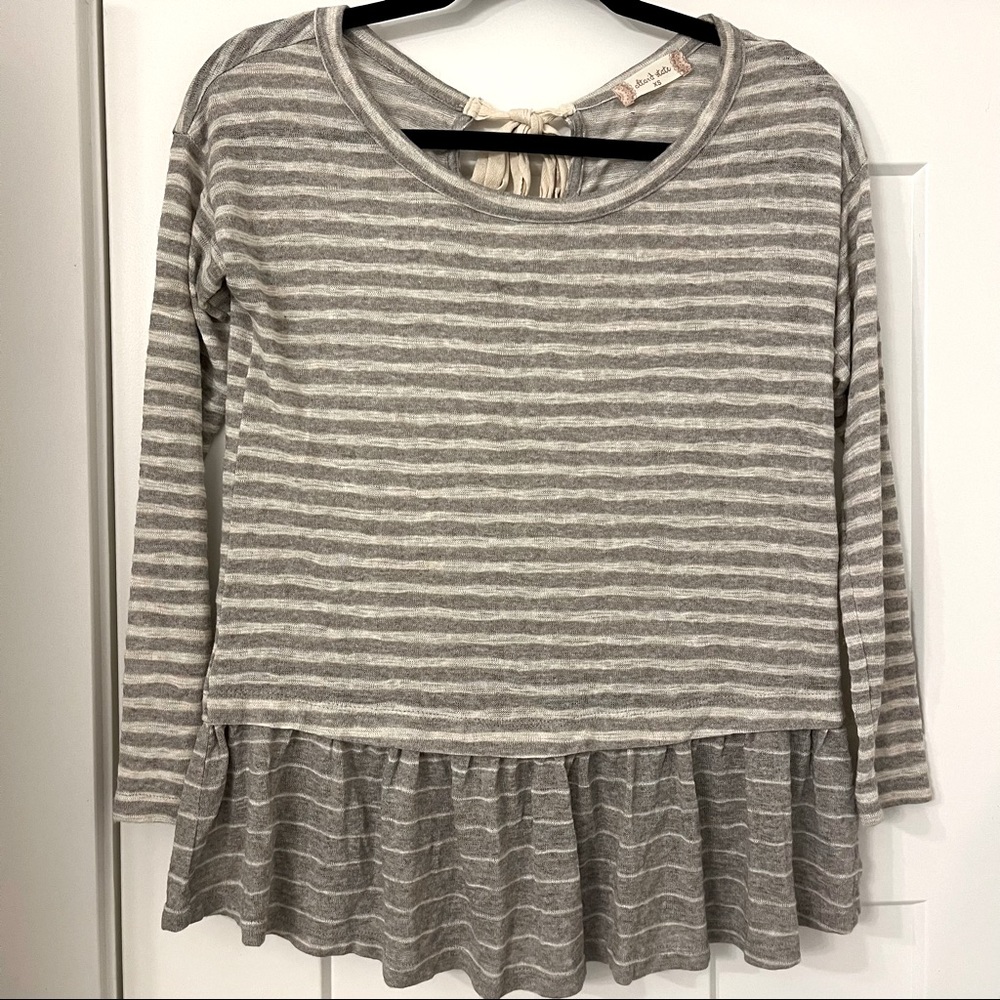 Altar’d State - long sleeve top, gray & cream stripes, ruffle hem, neck tie XS